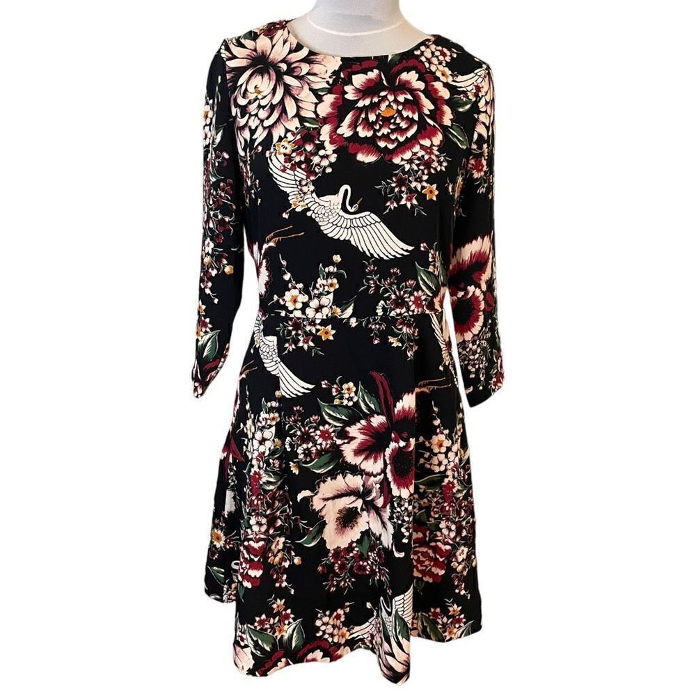 Nicole Miller Floral Crane Dress Black Print Romantic 6 With Pockets Unlined
